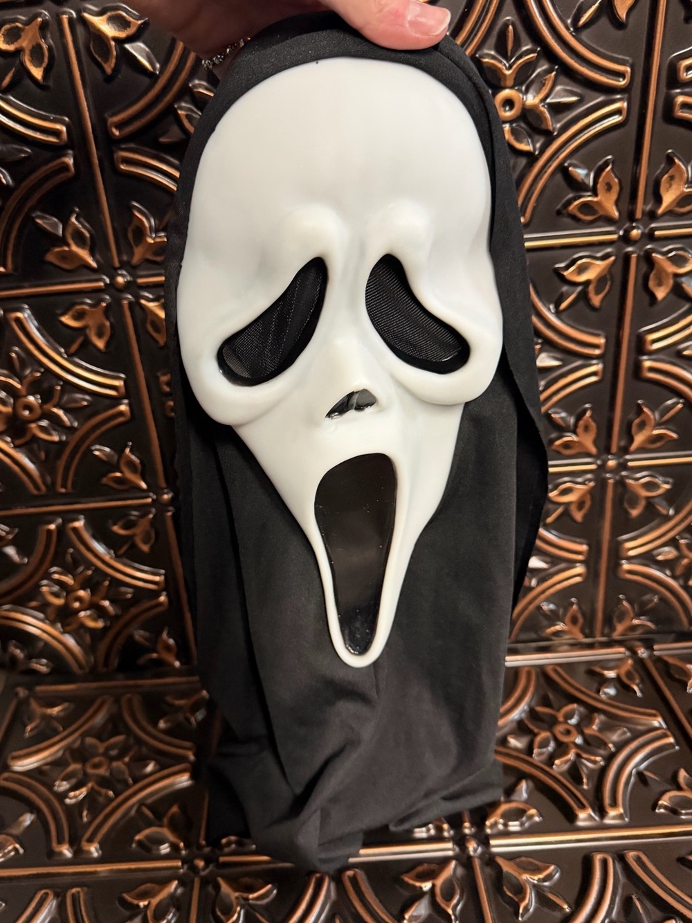 Classic White Ghostface Costume Mask with Black Hood